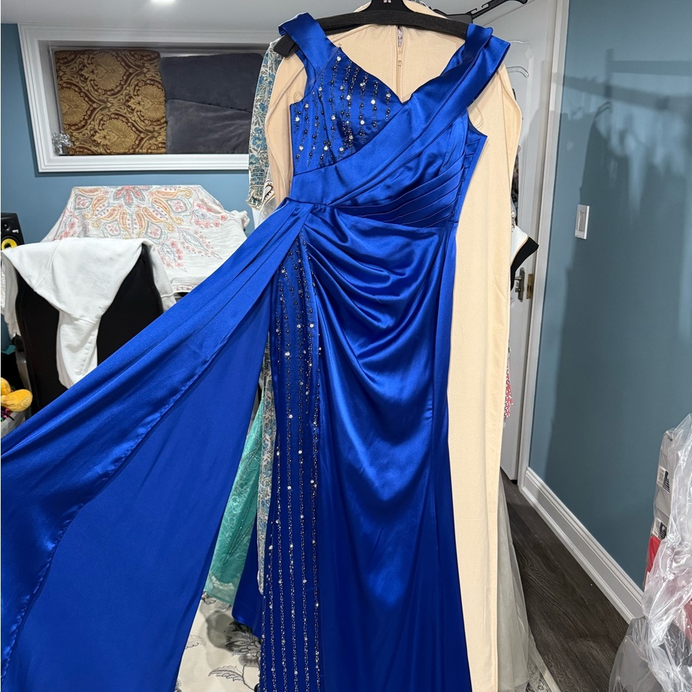 Blue Ruffled Asymmetrical Prom Gown
